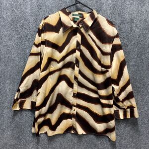 Lauren Ralph Lauren Top Womens 2X Brown Tan Zebra Print Button 3/4 Sleeve Collar